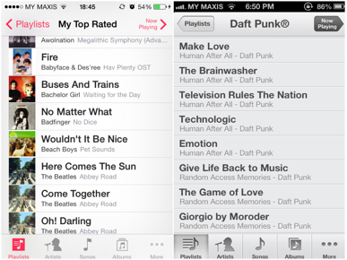 Music Apps compared: iOS7 on the left side and iOS 6 on the right side.