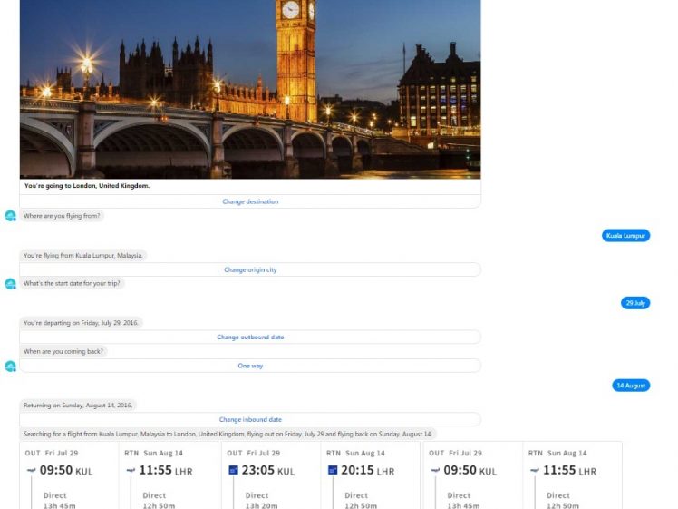 An example of booking a flight from KL to London